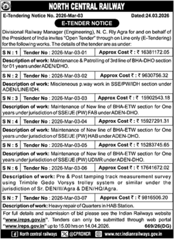E-Tender Notice- North Central Railway (Agra)