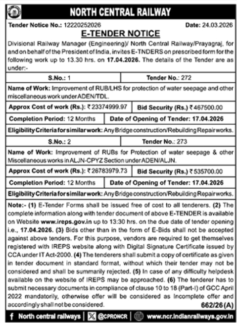 E-Tender Notice- North Central Railway (Prayagraj)