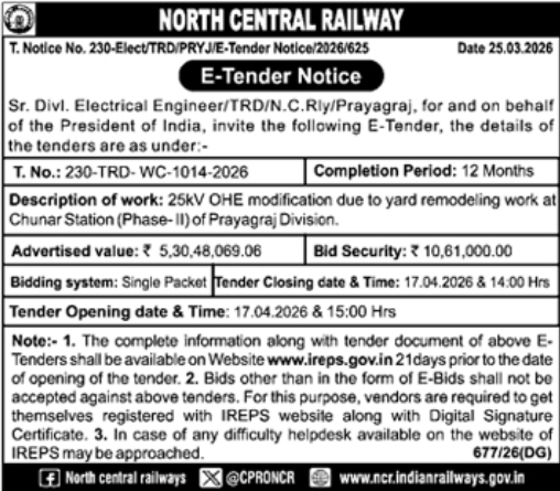 E-Tender Notice- North Central Railway