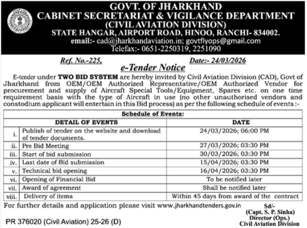 E-Tender Notice: Procurement of Aircraft Special Tools & Equipment