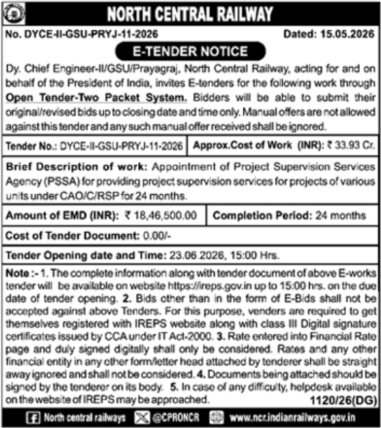 e-Tender Notice: Project Supervision Services for North Central Railway
