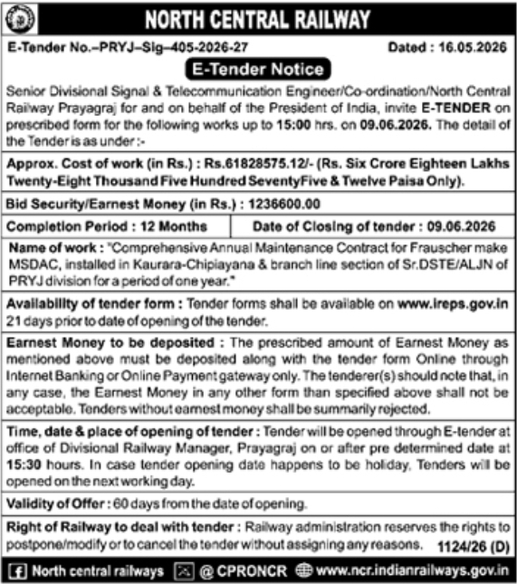 E-Tender Notice: Signal & Telecom AMC for North Central Railway