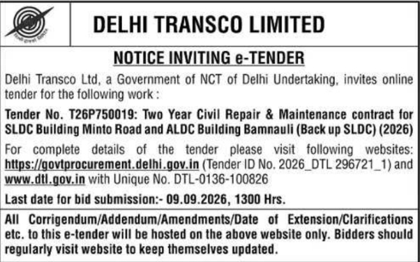 E-Tender Notification for Civil Repair and Maintenance Contracts by Delhi Transco Limited