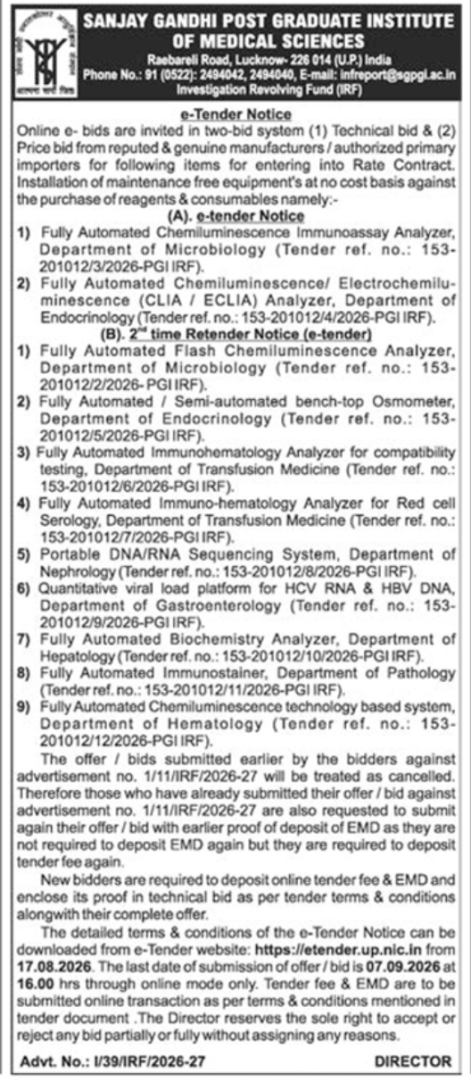 E-Tender Notification for Lab Equipment Rate Contract by SGPGIMS