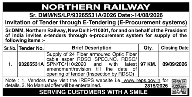 E-Tender Notification for Optic Fiber Cable Supply by Northern Railway