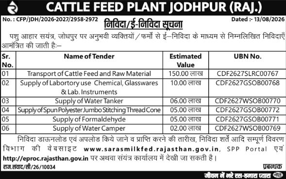 E-Tender Notification for Plant Material and Transport by CFP Jodhpur