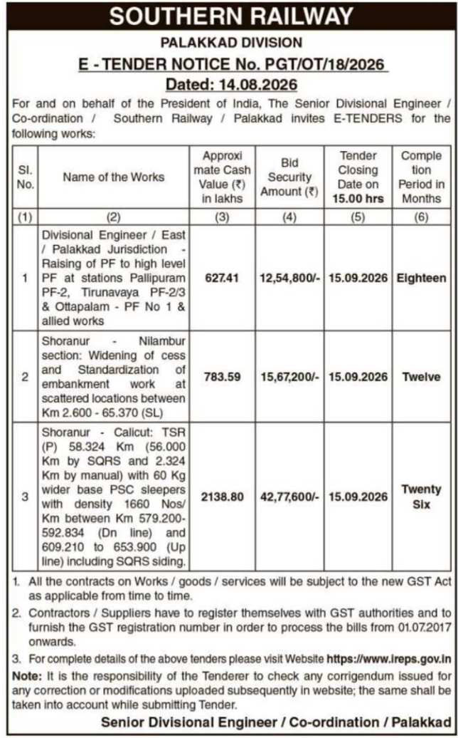 E-Tender Notification for Platform Raising and Track Infrastructure Works by SR