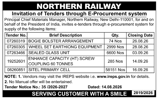 E-Tender Notification for Railway Component Supply Works by NR