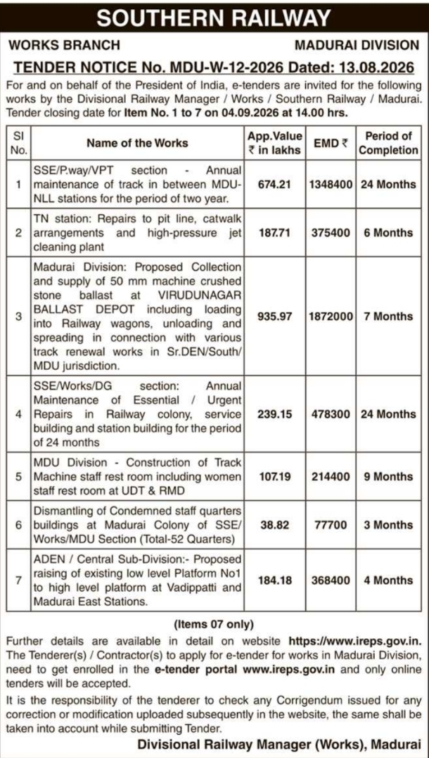 E-Tender Notification for Railway Track Maintenance and Station Works by SR
