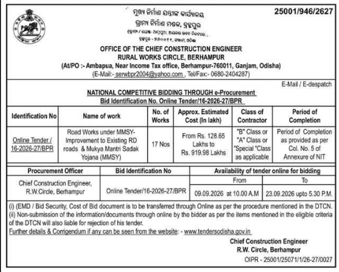 E-Tender Notification for Road Improvement Works by Rural Works Circle Berhampur