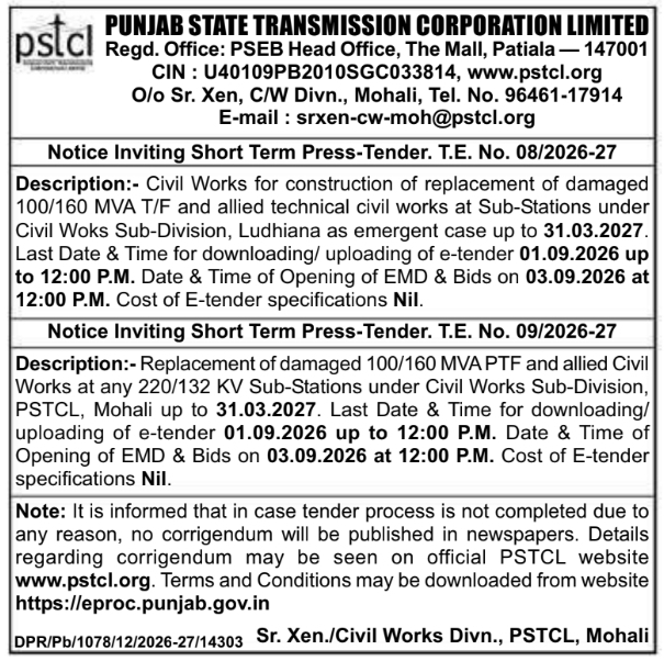 E-Tender Notification for Sub-Station Civil Works by PSTCL