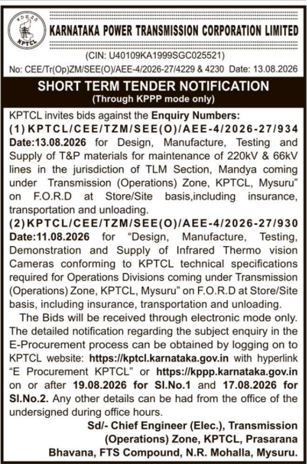 E-Tender Notification for T&P Materials and Infrared Cameras by KPTCL
