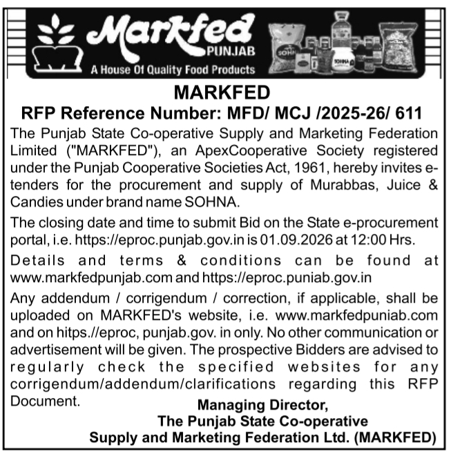E-Tender RFP for SOHNA Brand Murabbas, Juice, and Candies Supply by MARKFED