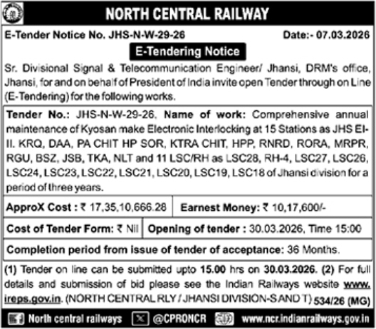 North Central Railway E-Tender Notice