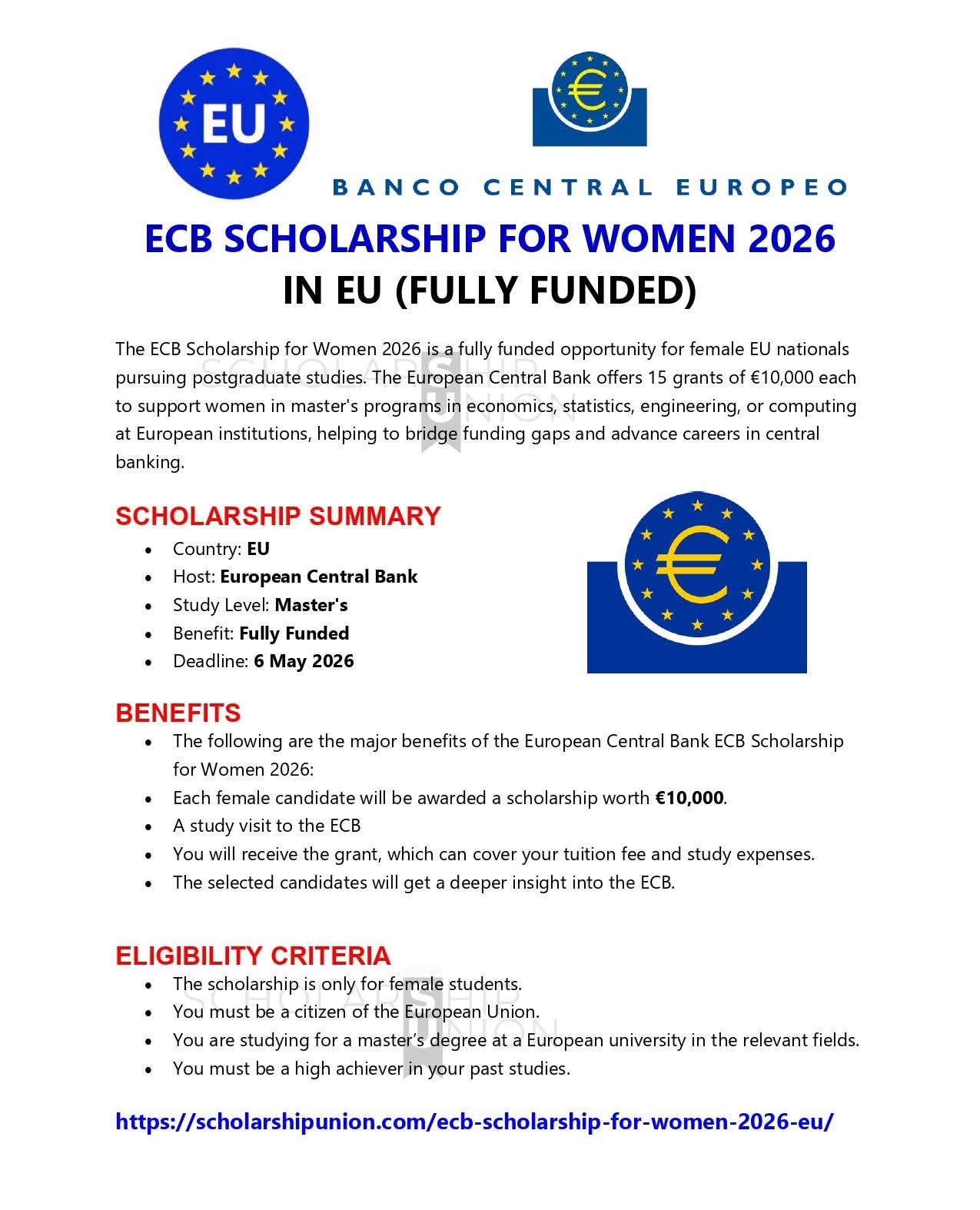 ECB Scholarship for Women 2026 In EU