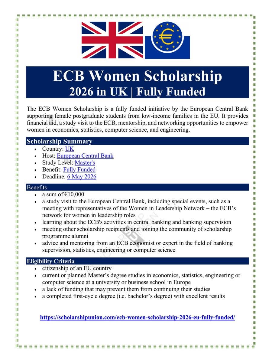 ECB Women Scholarship 2026 in Uk