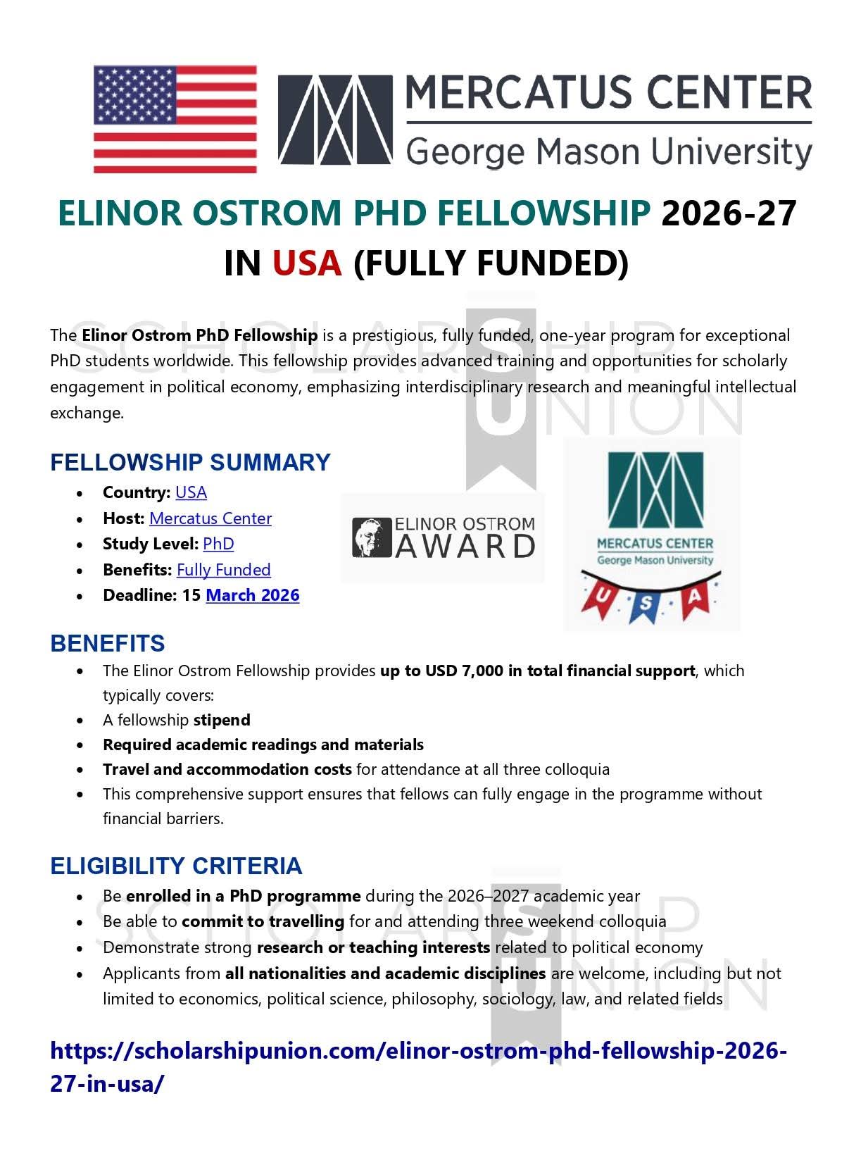 ELINOR OSTROM PHD FELLOWSHIP 2026-27 IN USA  | FULLY FUNDED |