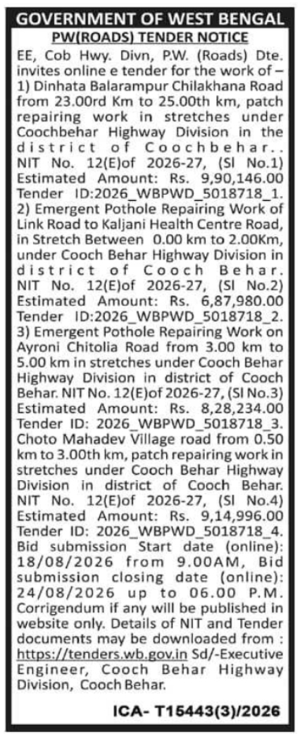 Emergent Pothole and Patch Repair Tenders by PWD