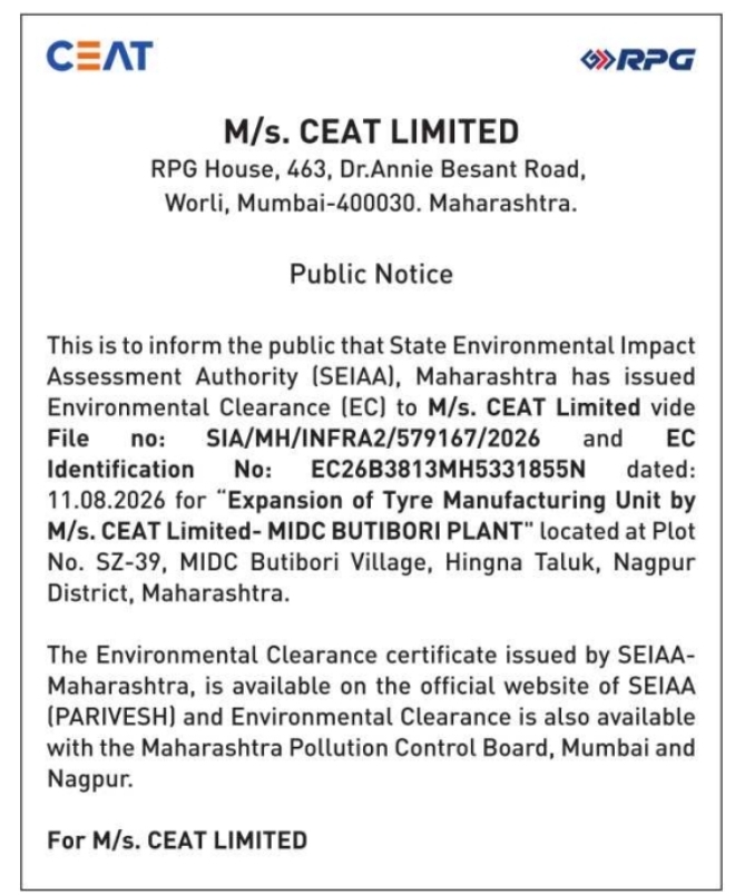 Environmental Clearance Public Notice for Plant Expansion by CEAT