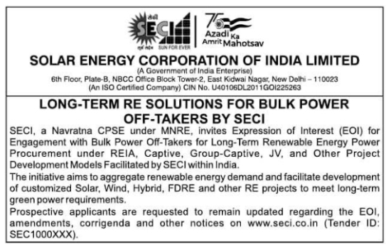 EOI for Long-Term Renewable Energy Solutions by SECI New Delhi