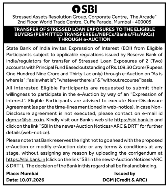 EOI Notice: SBI Stressed Loan Exposure Transfer