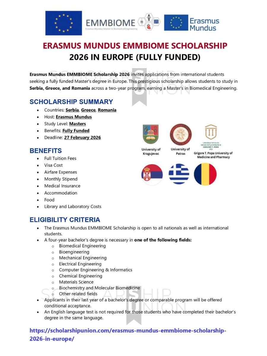 Erasmus Mundus EMMBIOME Scholarship 2026 In Europe