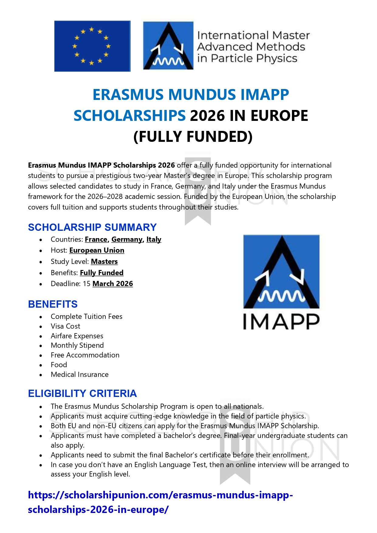 Erasmus Mundus IMAPP Scholarships 2026 In Europe