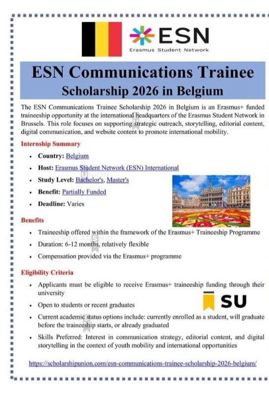 ESN Communications Trainee Scholarship 2026 in Belgium