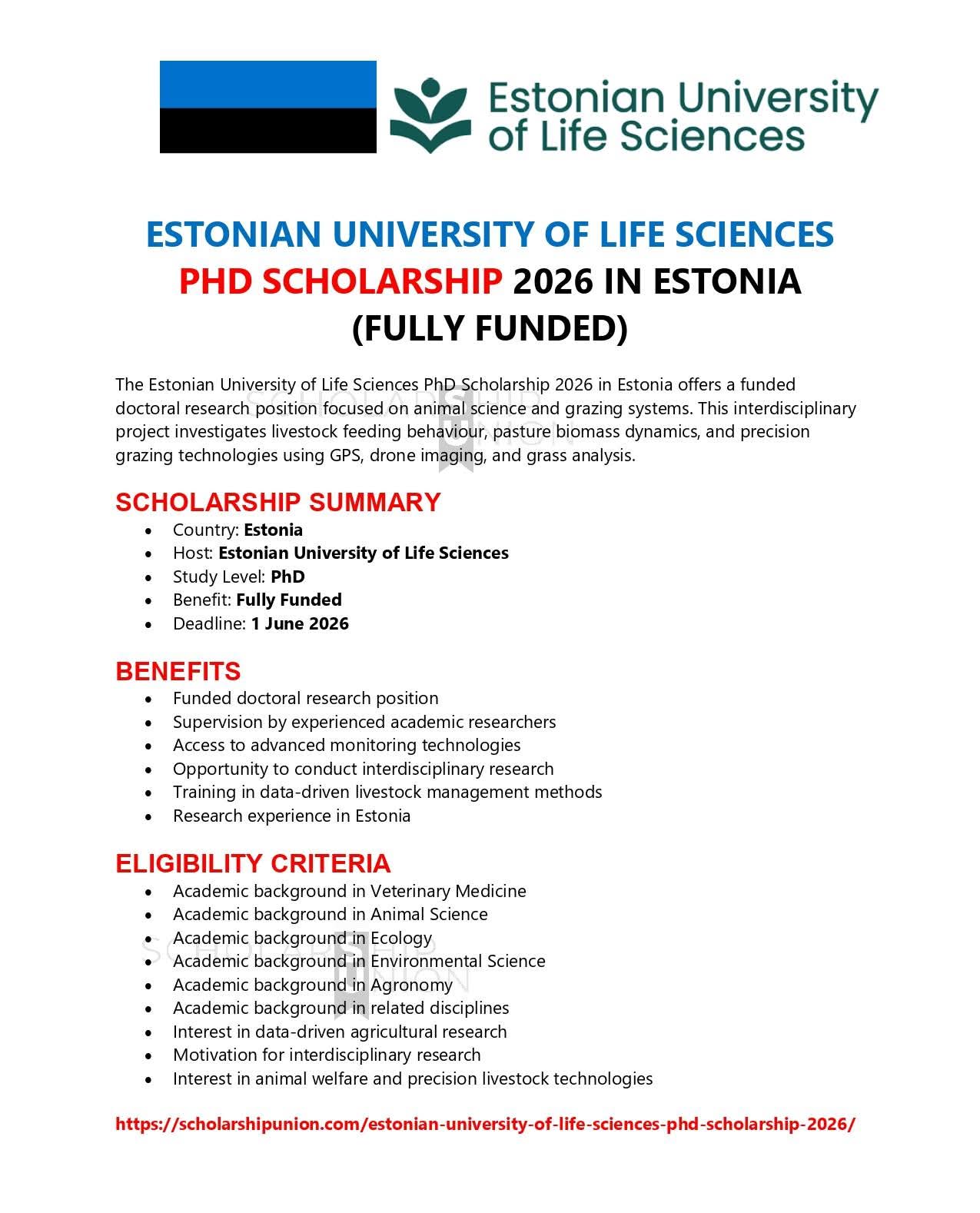 Estonian University of Life Sciences PhD Scholarship 2026 in Estonia