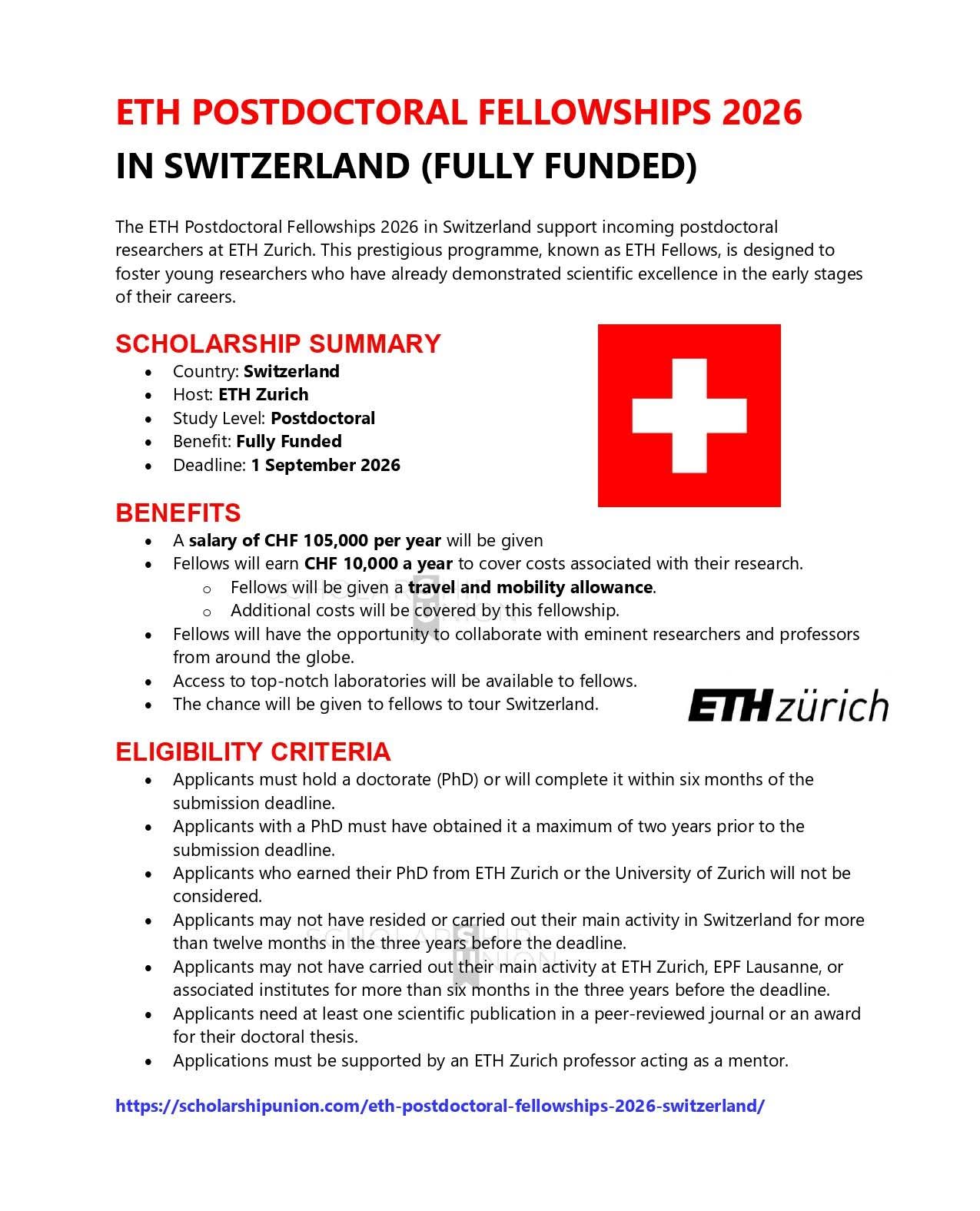 ETH Postdoctoral Fellowships 2026 in Switzerland