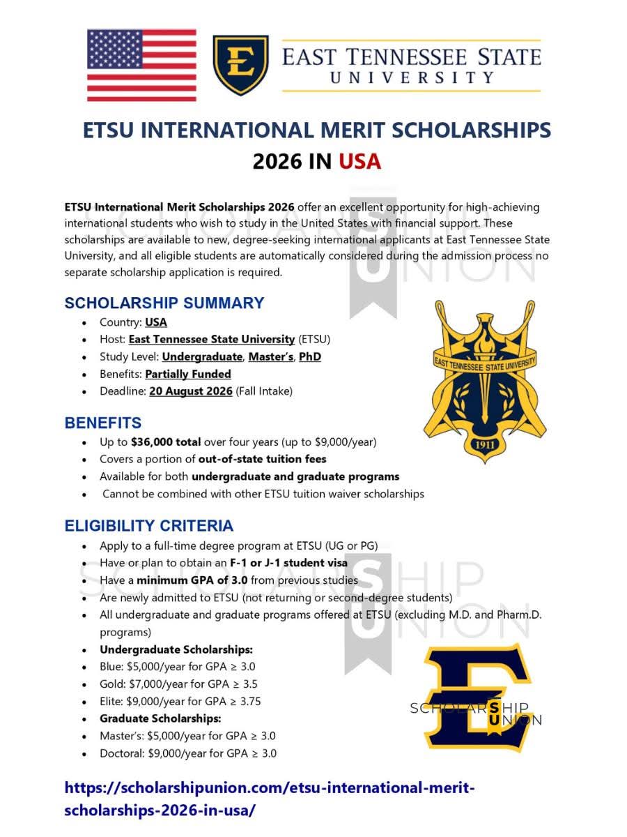 ETSU INTERNATIONAL MERIT SCHOLARSHIPS 2026 IN USA
