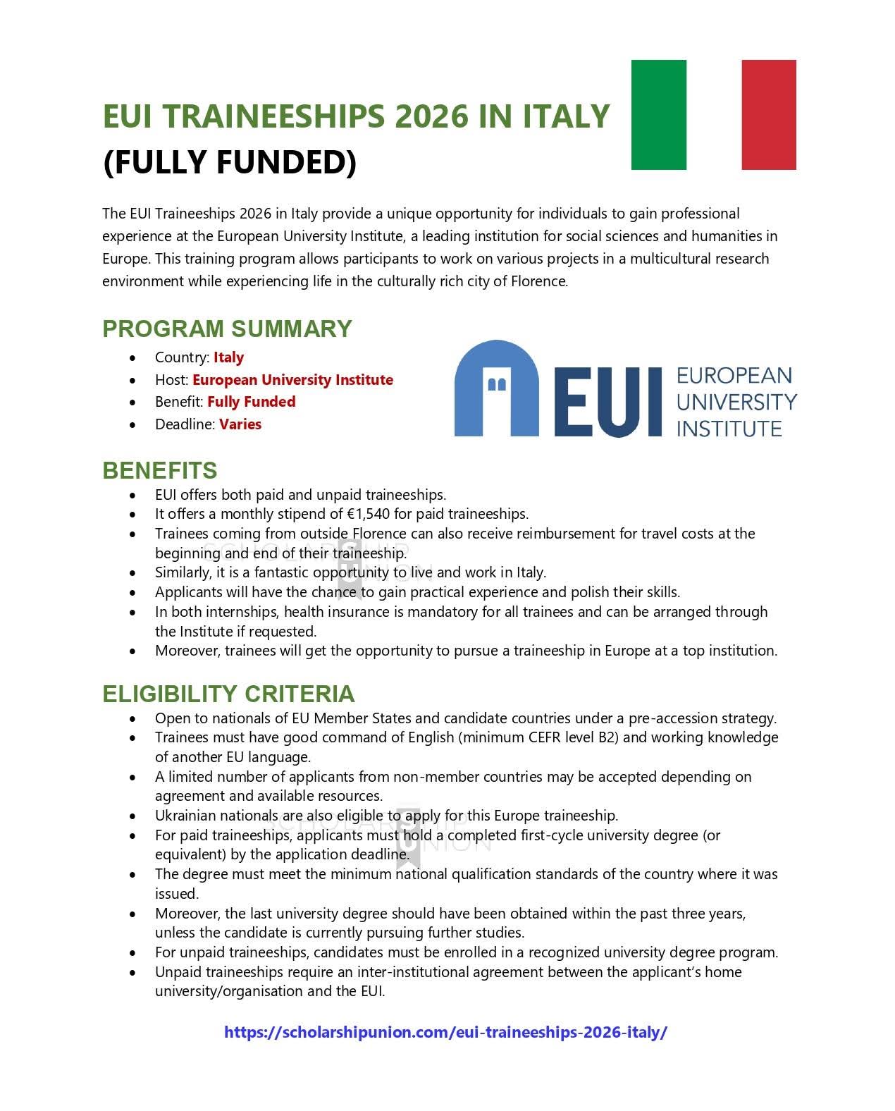 EUI Traineeships 2026 in Italy