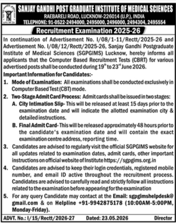 Exam Notice: SGPGIMS Recruitment Examination