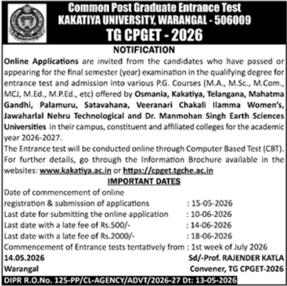 Exam Notice: TG CPGET - 2026 Notification