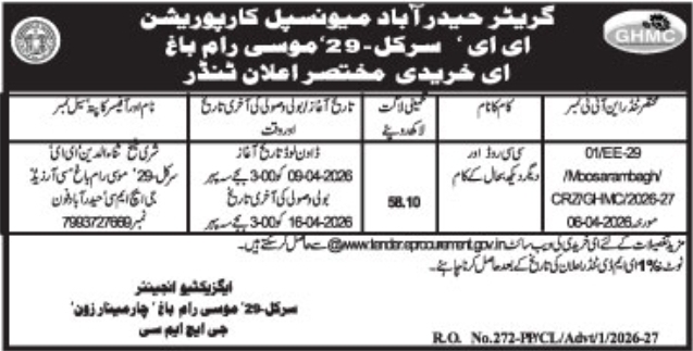 Executive Engineer of GHMC Circle No. 29, Moosarambagh Tender Notice