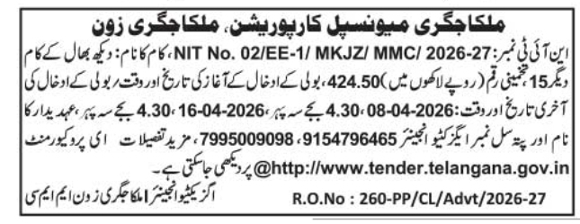 Executive Engineer of Malkajgiri Municipal Corporation Tender Notice