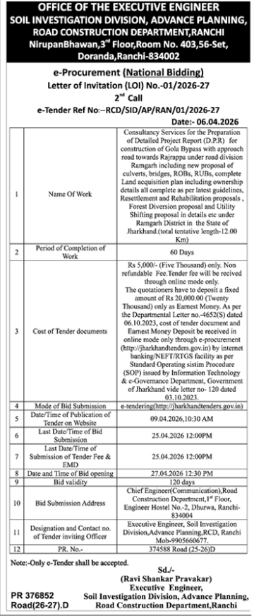 Executive Engineer of the Soil Investigation Division E-Procurement Tender Notice