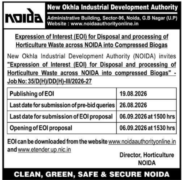 Expression of Interest for Horticulture Waste Processing into Compressed Biogas by NOIDA Authority