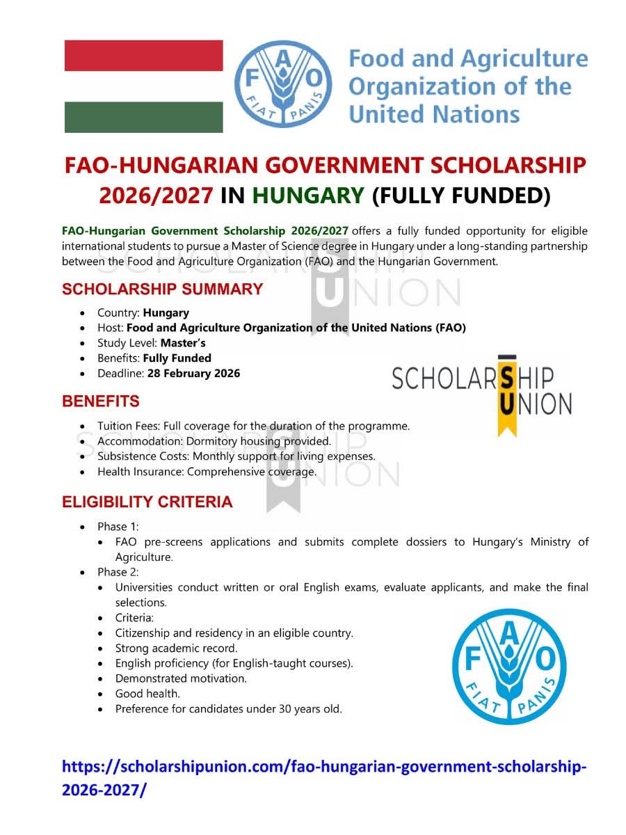 FAO–Hungarian Government Scholarship 2026/27  in Hungary