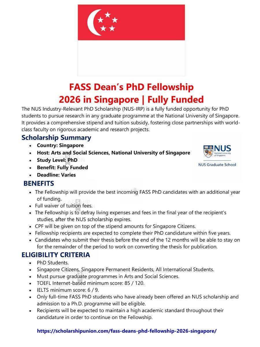 FASS Dean’s PhD Fellowship 2026 in Singapore