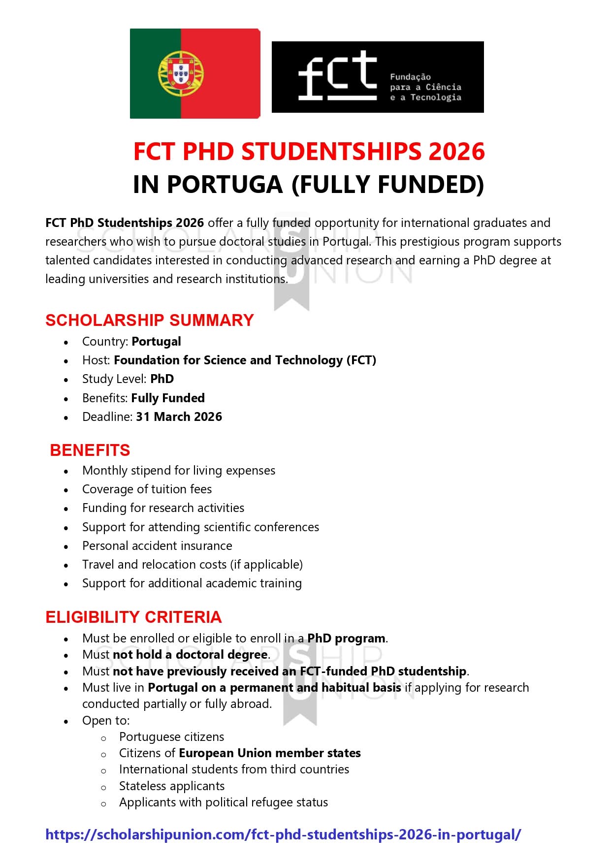 FCT PhD Studentships 2026 in Portugal