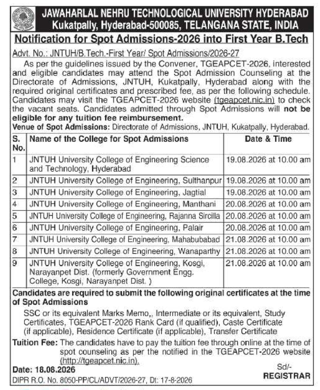 First Year B.Tech Spot Admissions Counseling Notice by JNTUH