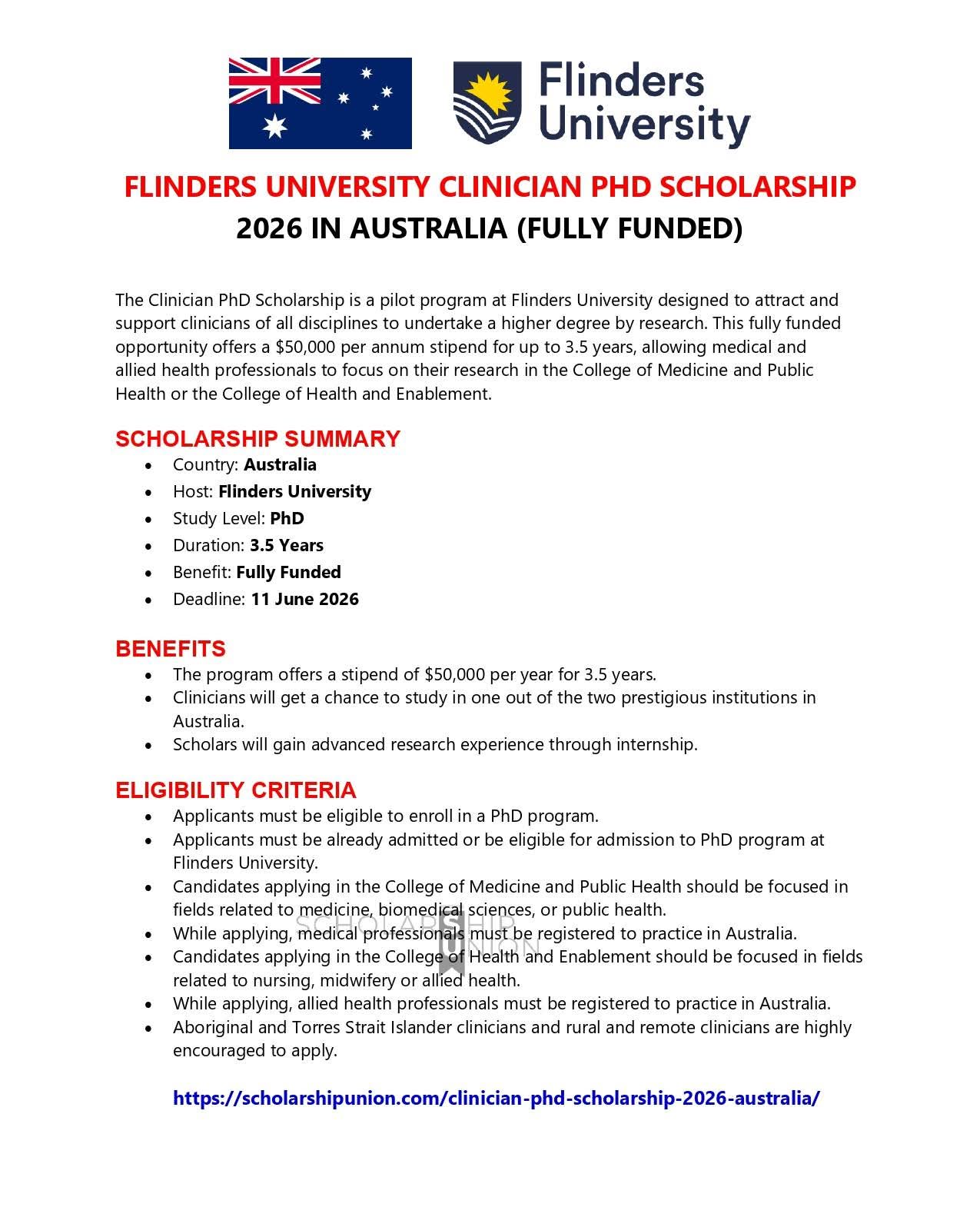 Flinders University Clinician PhD Scholarship 2026 in Australia