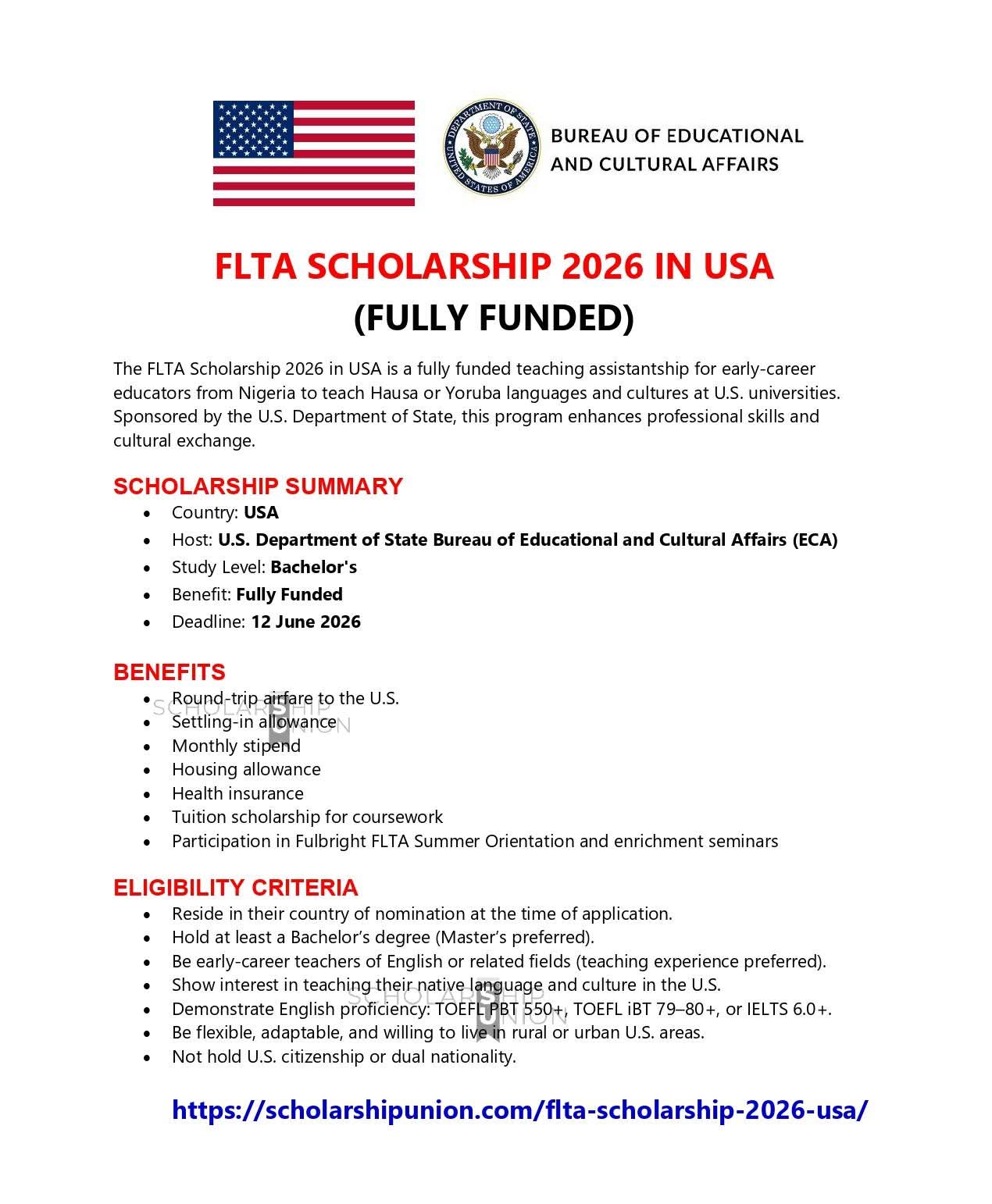 FLTA Scholarship 2026 in USA
