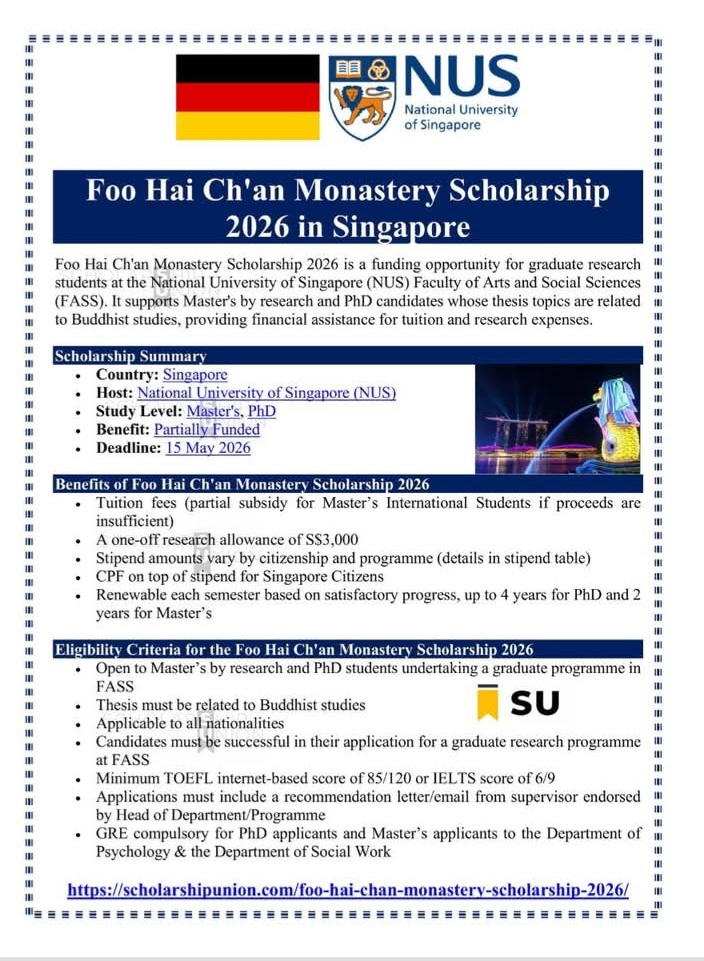 Foo Hai Ch’an Monastery Scholarship 2026 in Singapore