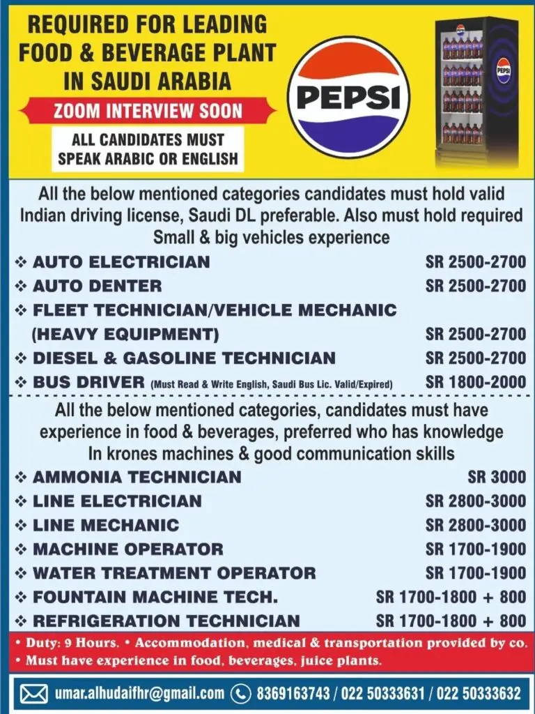 Food & Beverage Plant Hiring In Saudi Arabia