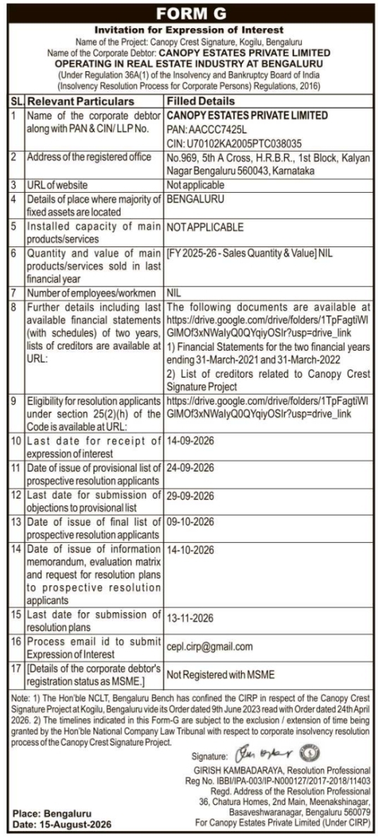 Form G Invitation for Expression of Interest for Canopy Estates Signature Project