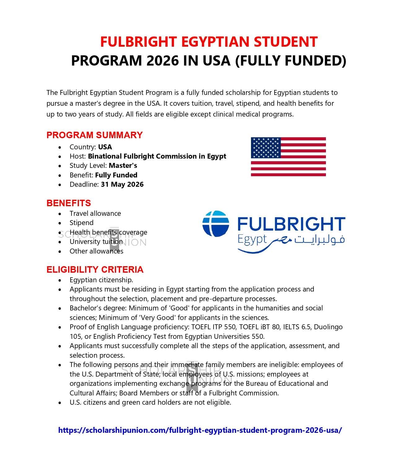 Fulbright Egyptian Student Program 2026 in USA
