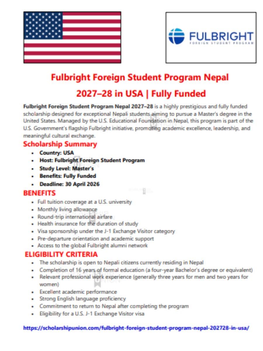 Fulbright Foreign Student Program Nepal 2027 - 28 In USA