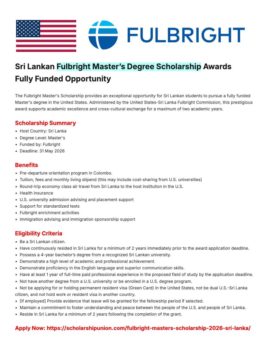 Fulbright Master’s Scholarship 2026 in Sir Lanka